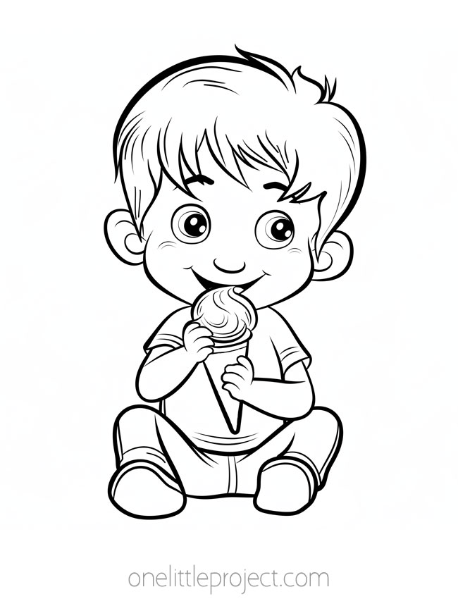 Ice Cream Coloring Page - Little boy eating an ice cream cone