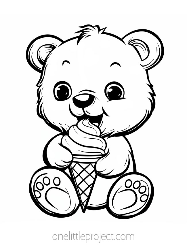 Ice Cream Coloring Page - Teddy bear eating an ice cream in a waffle cone