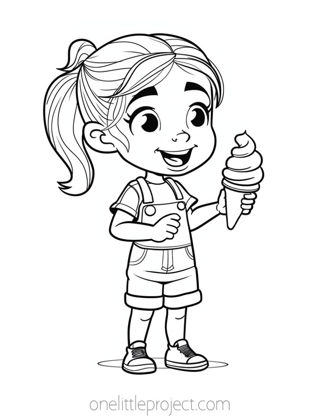Ice Cream Coloring Pages - Little girl enjoying an ice cream cone