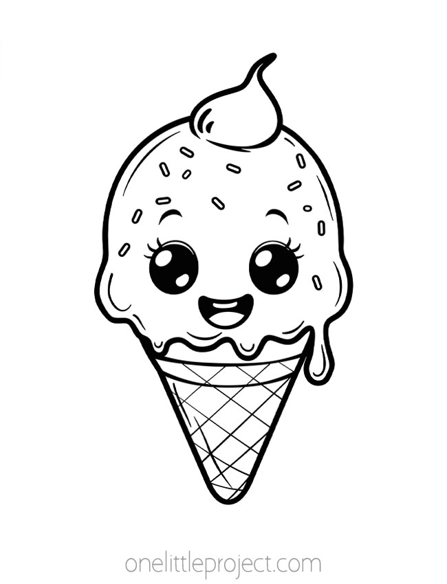 Ice Cream Cone Coloring Page - Adorable kawaii ice cream cone