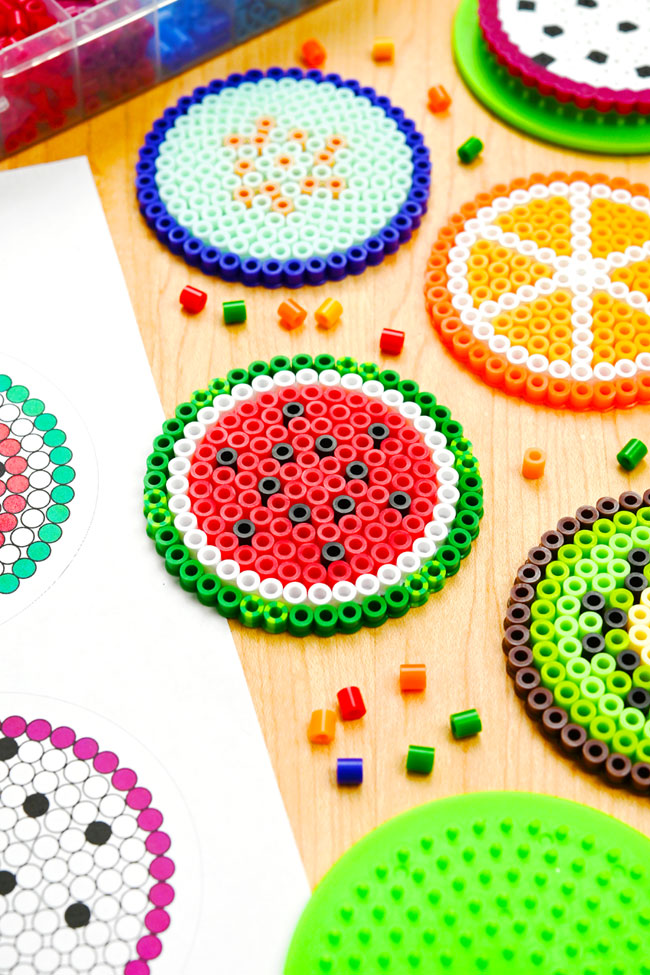 Cute Perler bead fruit made with our free printable patterns
