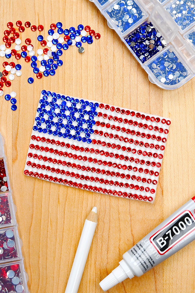 Rhinestone flag made with red, clear, and blue rhinestones