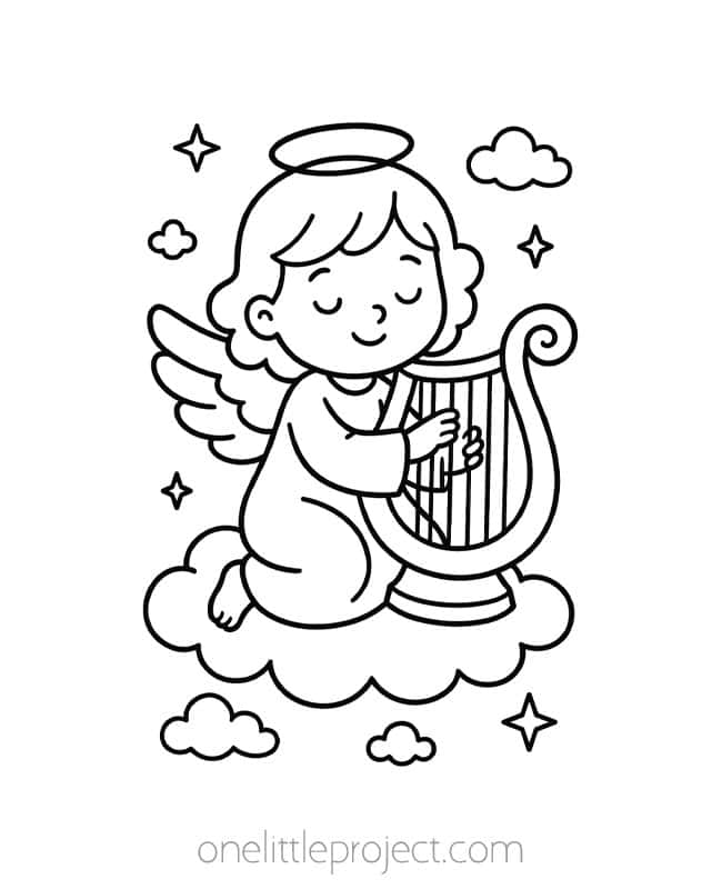 Angel Coloring Pages Angel Coloring Pages - playing the harp on a cloud
