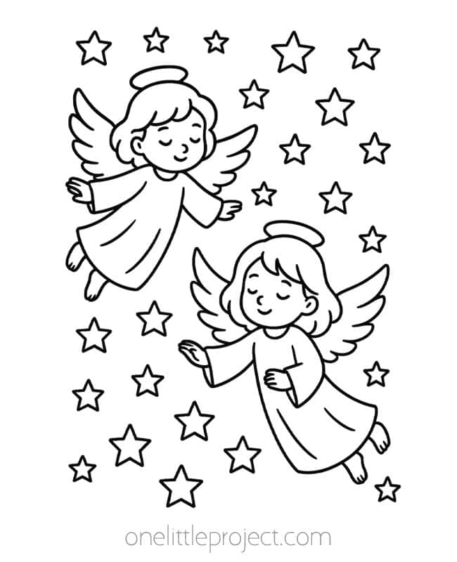 Angel Coloring Pages Angel Coloring Pages - 2 angels in a sky full of stars