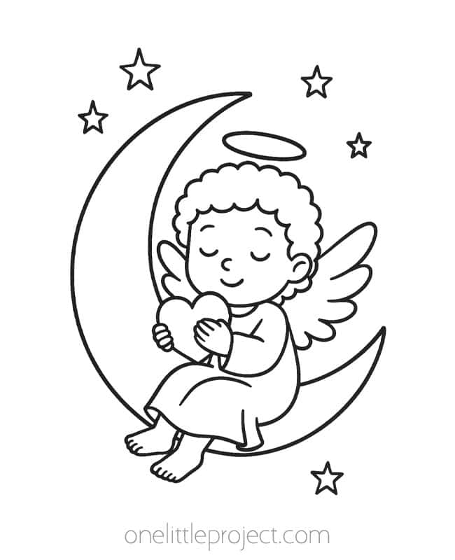 Angel Coloring Sheet Angel Coloring Sheet - cherub holding a heart and sitting on the moon