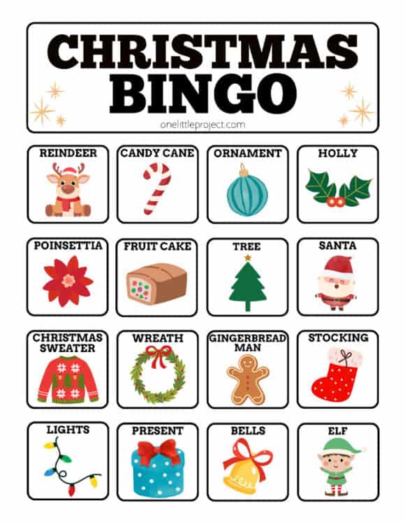 Christmas Bingo Cards - 4x4 Low-Ink Christmas bingo card with a printer friendly background