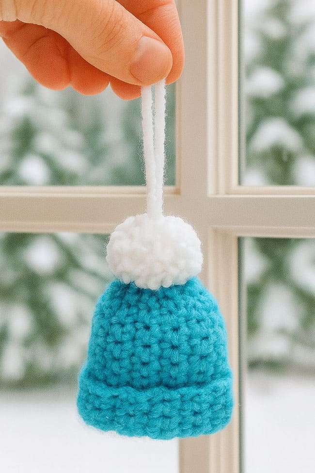 Christmas Hat Ornament Crochet Holding a Christmas hat ornament in front of a snowy window