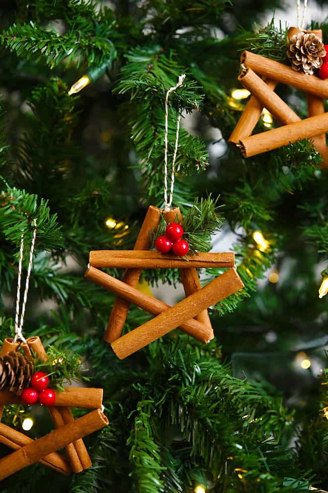 Cinnamon Stick Star Cinnamon stick star ornaments on the Christmas tree