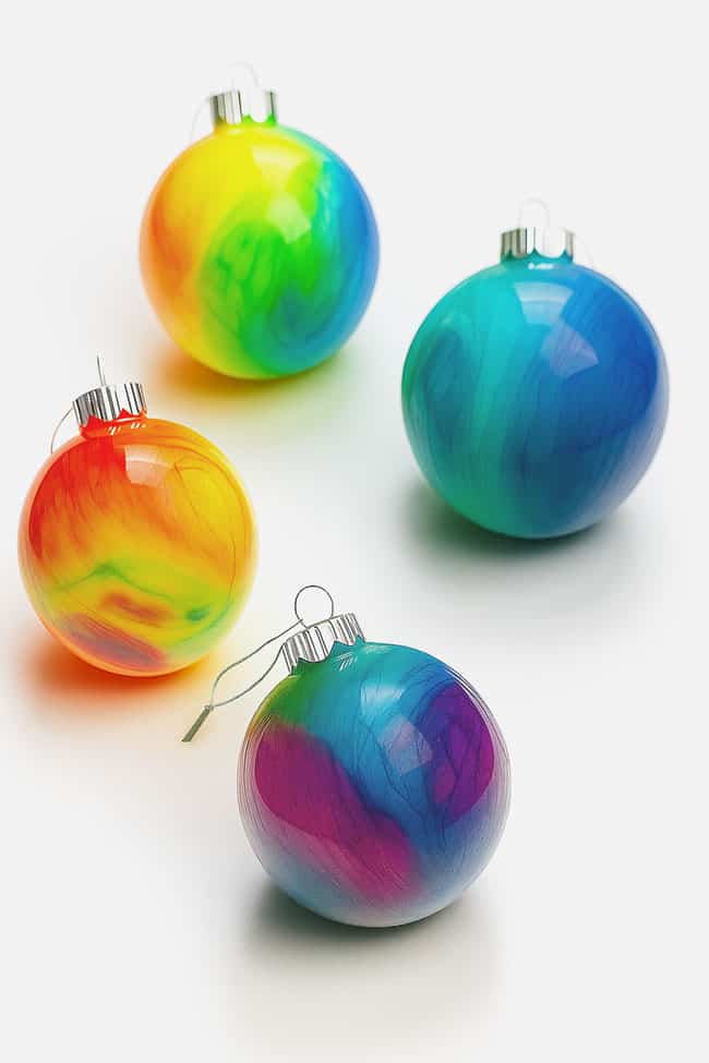 DIY Alcohol Ink Christmas Ornaments Multi-colored alcohol ink Christmas baubles