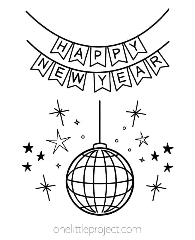 Happy New Year Coloring Page Happy New Year Coloring Page - disco ball and banner