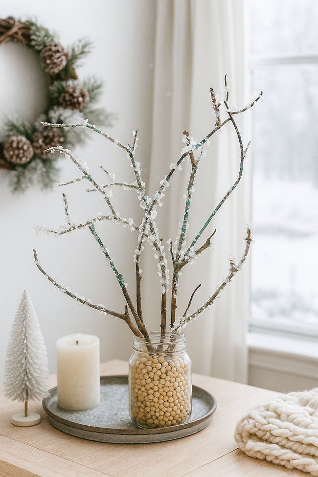How to Make Frosted Branches Frosted branches craft on display in a jar with other winter decorations