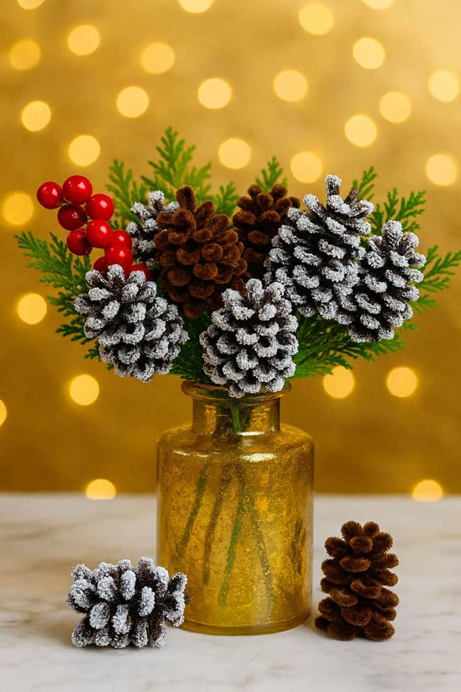 Pipe cleaner pine cones on display in a vase with greenery and Christmas berries