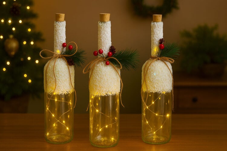 Snowy Christmas Wine Bottles Snowy wine bottles for Christmas decor