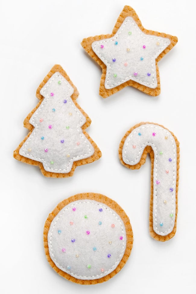 Sugar Cookie Felt Ornament Star, tree, candy cane, and circle sugar cookies made with craft felt