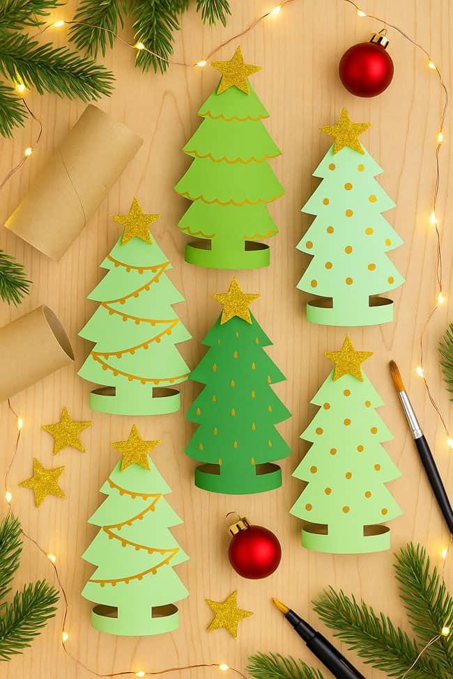Toilet Paper Roll Christmas Tree Lay flat picture of paper roll trees with Christmas lights and decor