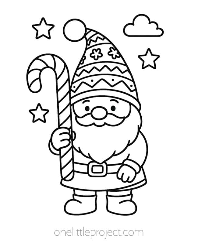 Christmas Gnome Coloring Pages Christmas Gnome Coloring Pages - wearing a Santa outfit, festive hat, and holding a candy cane