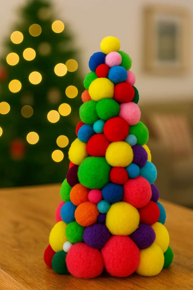 Christmas Tree With Pom Poms Christmas tree craft made with colourful pom poms