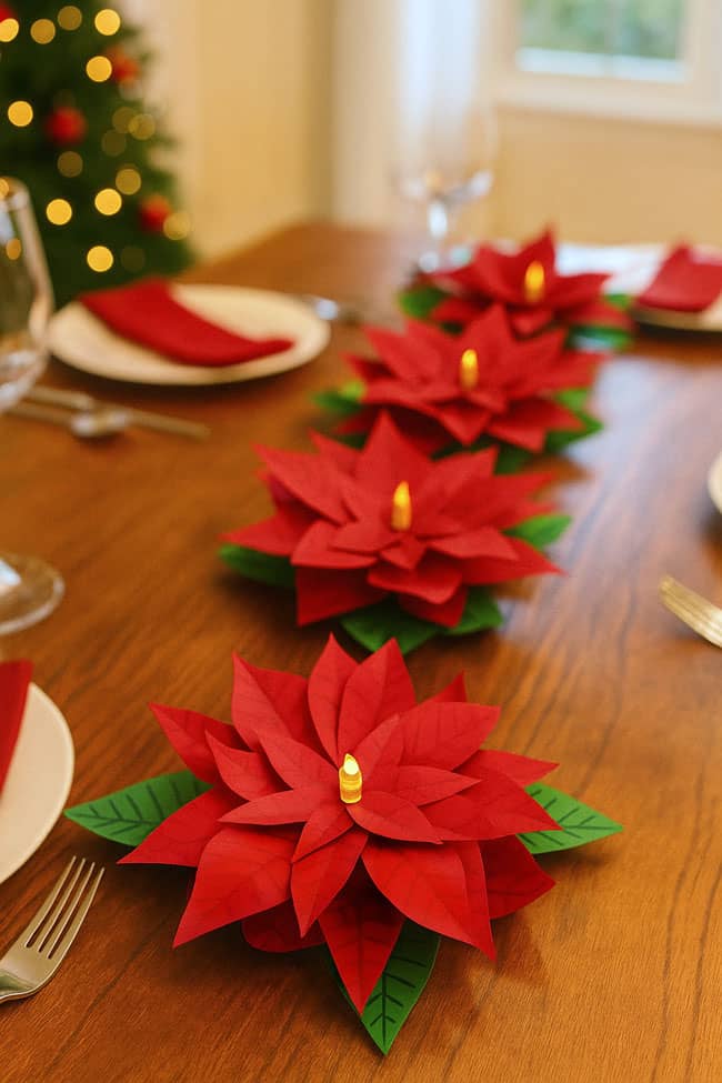 DIY Lighted Paper Poinsettia Paper poinsettia craft decorating a Christmas dinner table