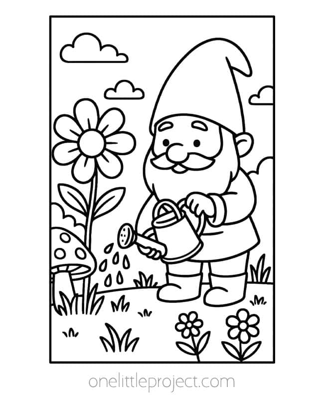 Gnome Coloring Pages Gnome Coloring Pages - watering flowers in the garden