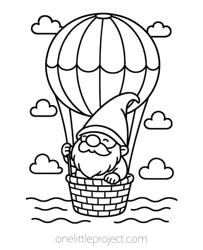 Gnome Coloring Sheet Gnome Coloring Sheet - riding a hot air balloon