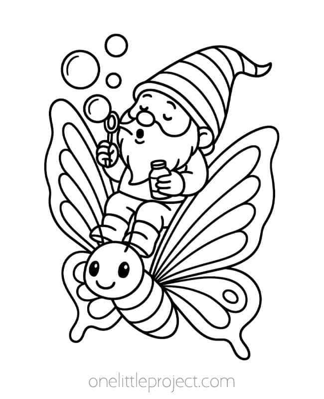 Gnome Pictures to Color Gnome Pictures to Color - blowing bubbles and riding a butterfly
