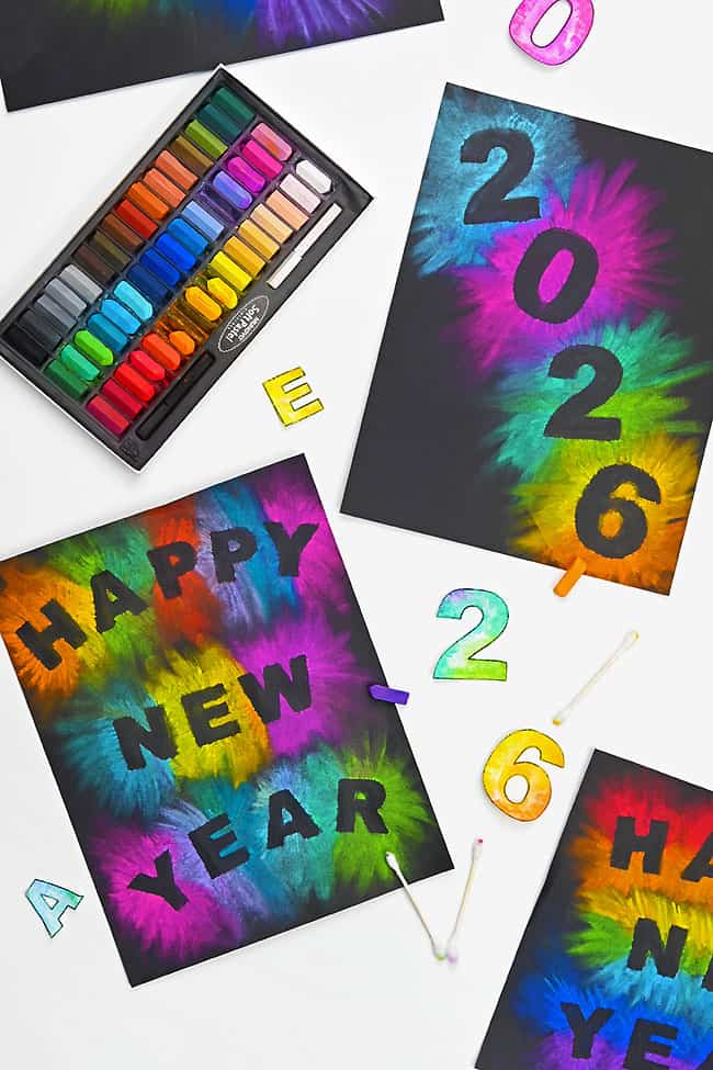 New Years Crafts for Kids Fun new year's art projects on a white background with craft supplies around them