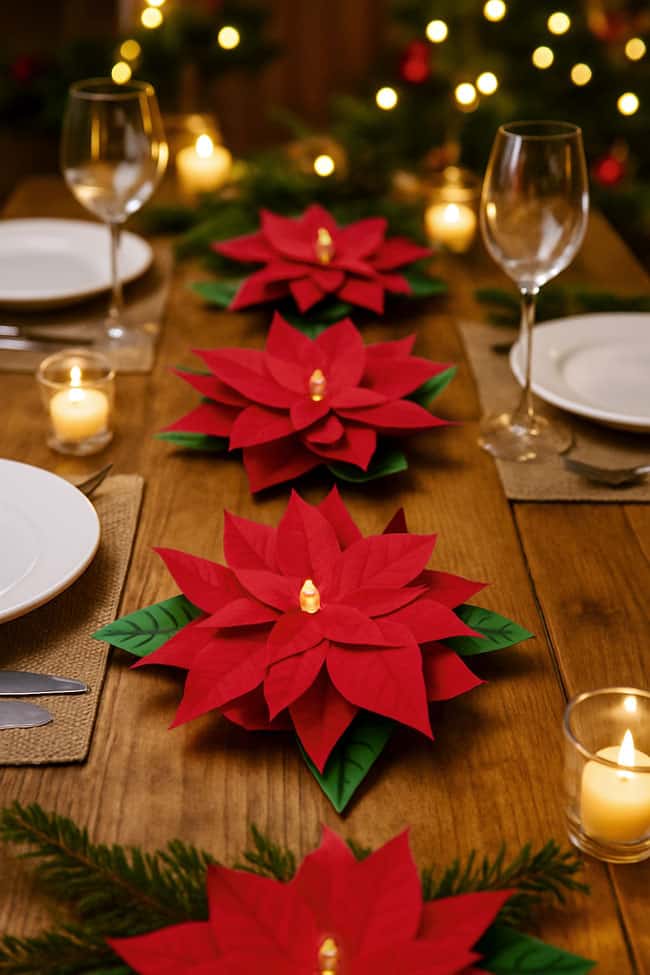 Paper poinsettia tea light decorations on a holiday table