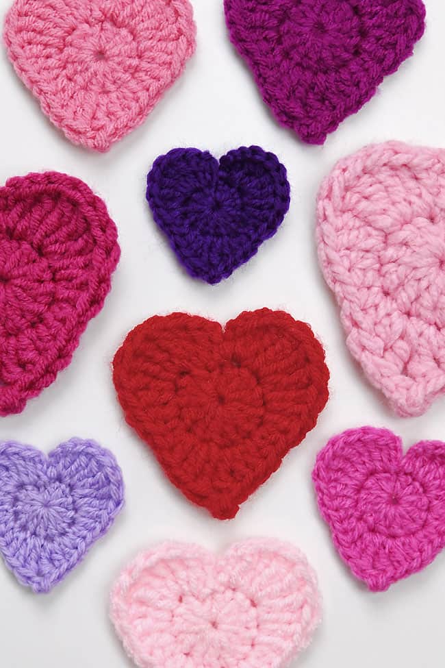 Crochet Heart Pattern Cute selection of crochet hearts in different sizes and colours