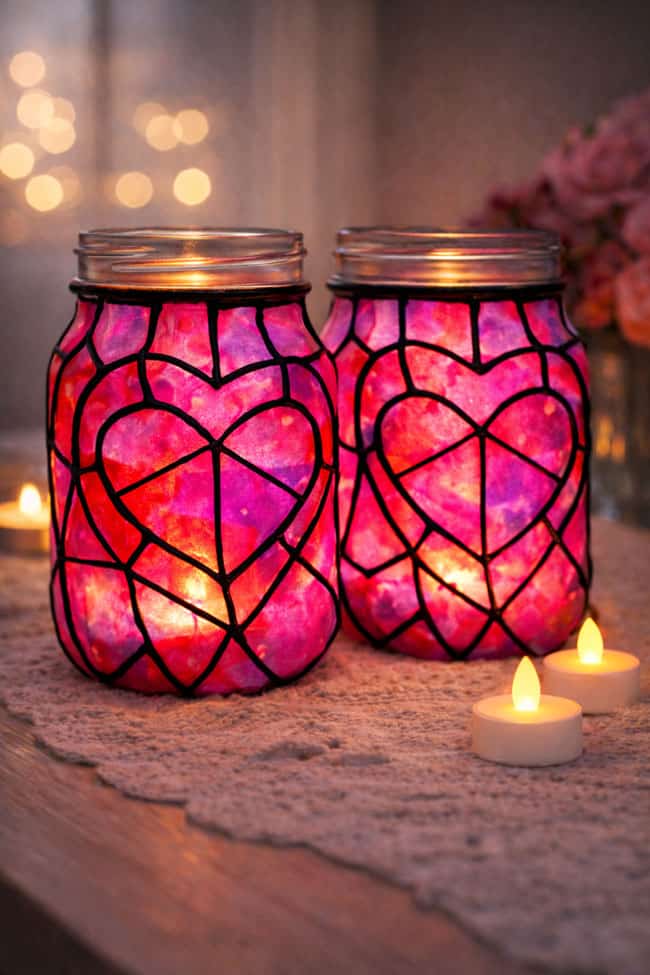 DIY Valentine Lantern DIY Valentine lanterns on display with flameless tea light candles