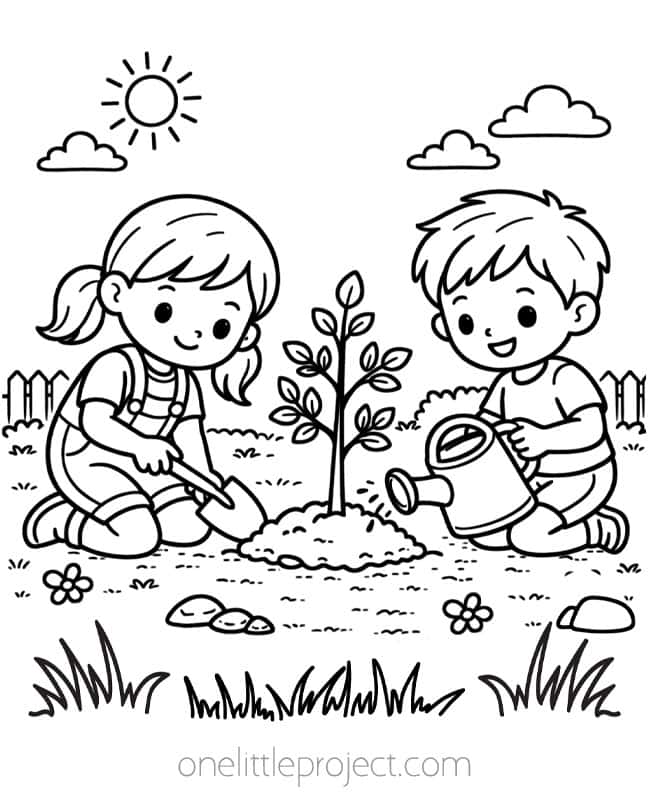 Earth Day Color Page Earth Day Color Page - kids tree planting