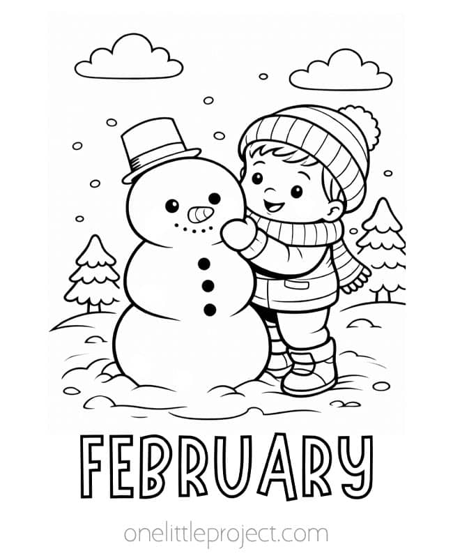 February Coloring Pages February Coloring Pages - boy with snowman