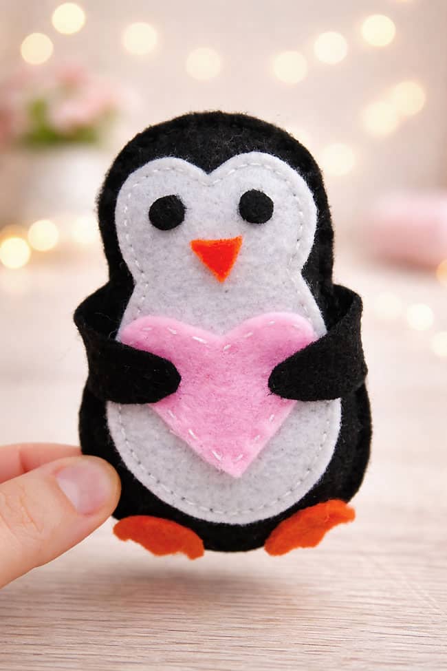 Felt Penguin Ornament A little felt penguin holding a pink heart