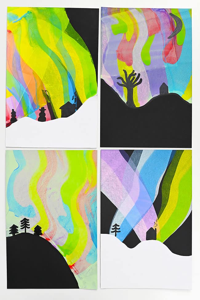 Northern Lights Art for Kids Different versions of colorful northern lights art projects