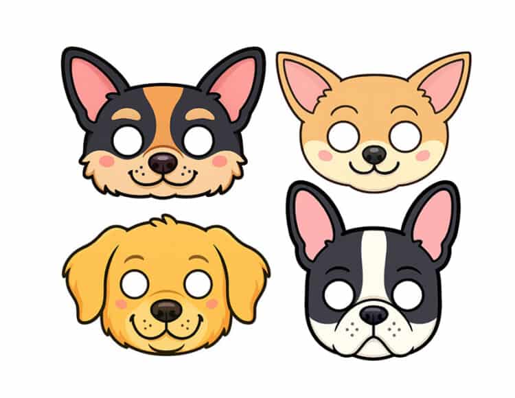 Paper Dog Mask for Humans Printable dog mask templates featuring a small dog, chihuahua, golden retriever, and French bulldog