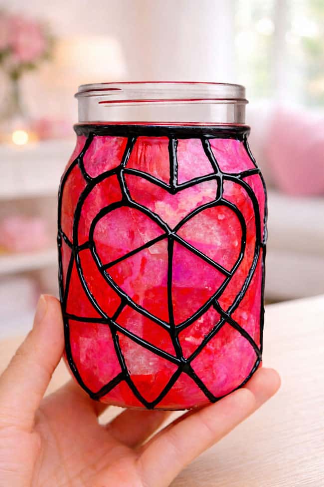 Valentine Mason Jars Holding a mason jar decorated for Valentine's Day with tissue paper and puffy paint