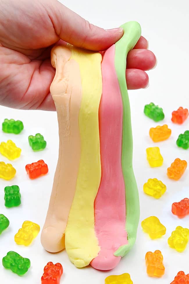 Gummy Bear Slime Mixing ribbons of colorful gummy bear slime together