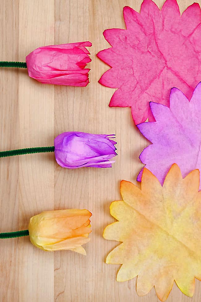 How to Make Coffee Filter Tulips Paper tulips beside colored coffee filters
