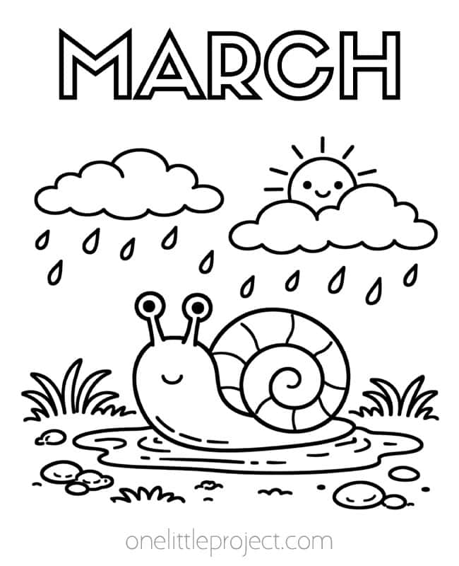 March Color Sheets March Color Sheets - snail in a rainy puddle