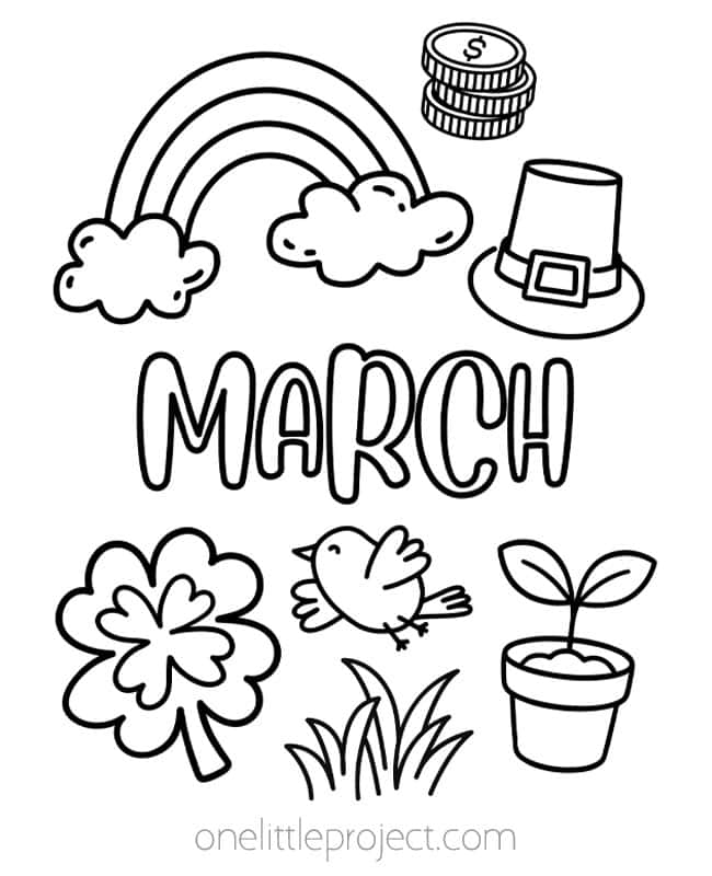March Coloring Pages March Coloring Pages - shamrock, rainbow, bird, and other spring symbols