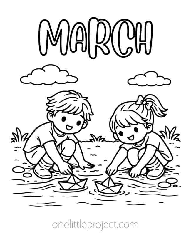 March Coloring Sheets March Coloring Sheets - racing paper boats in a puddle