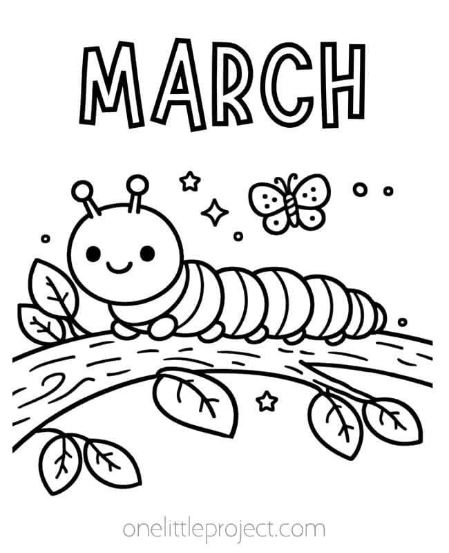 March Coloring Sheets March Coloring Sheets - cute caterpillar on a tree branch