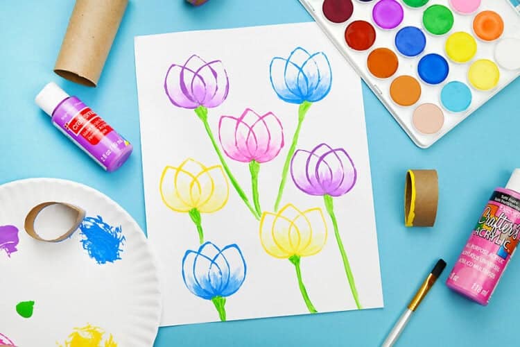 Paper Roll Tulip Painting Paper roll stamped tulips