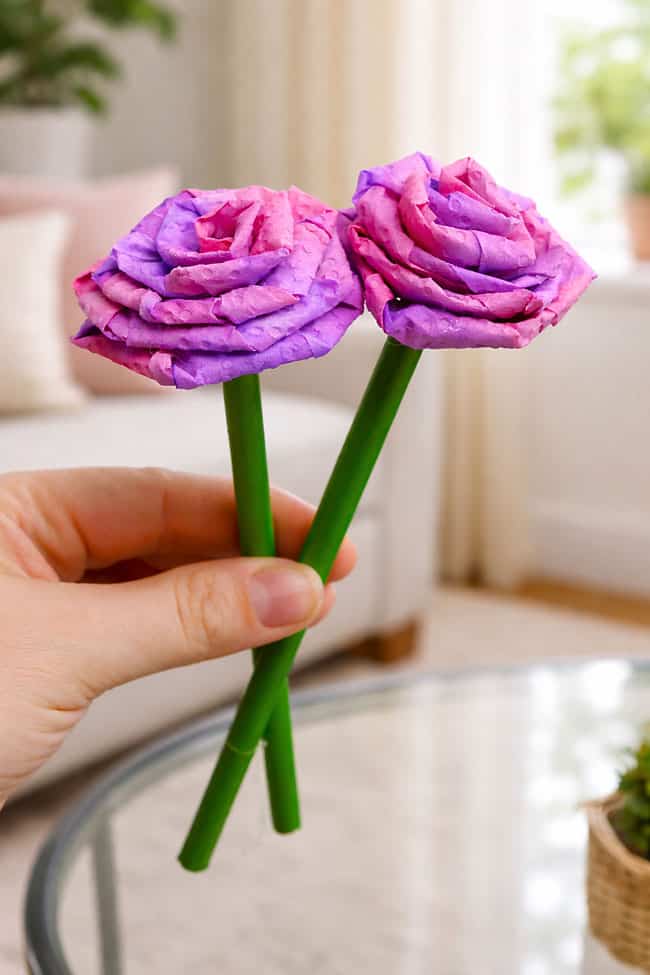 Paper Towel Roses Holding two pink and purple paper towel roses