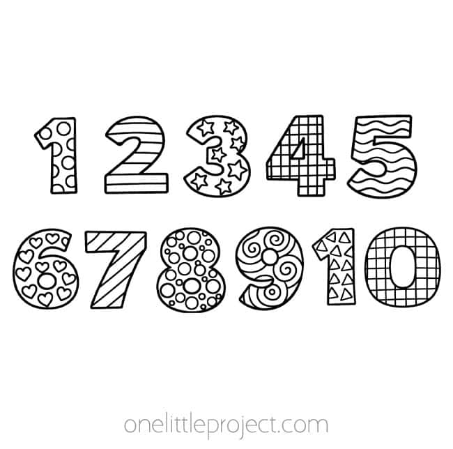 Patterned Number Coloring Sheets 1 to 10 patterned numbers to color