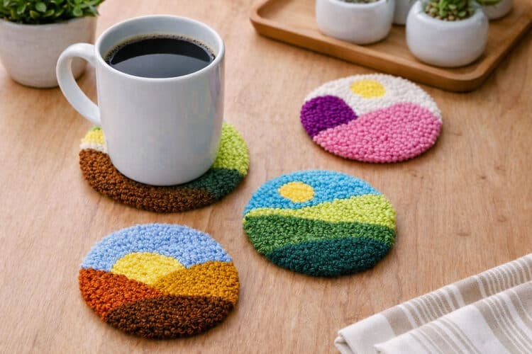 Punch Needle Landscape Coasters DIY punch needle landscape coasters