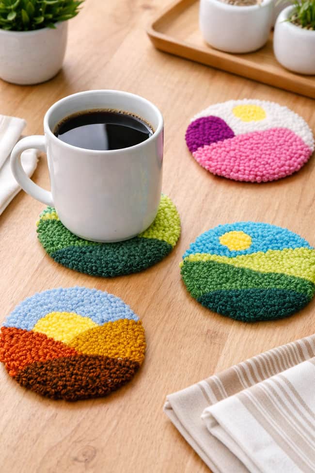 Colorful landscape coaster designs made with yarn and a punch needle
