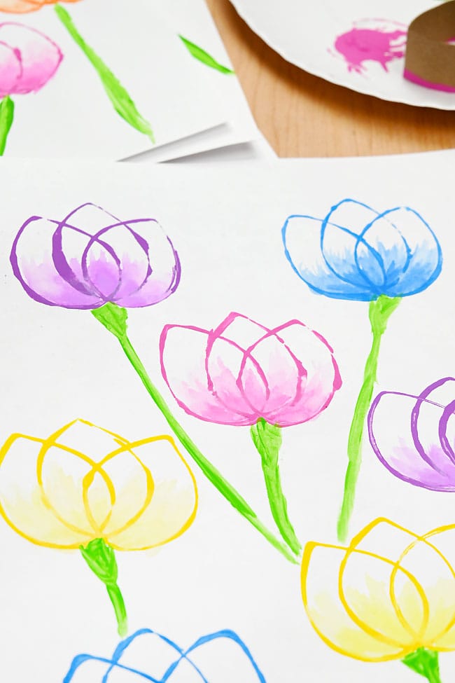 Tulip Painting for Kids Closeup on tulips painted with a paper roll stamp
