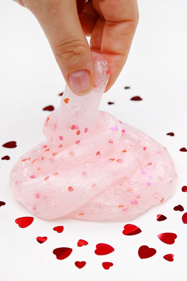 Valentine's Day Slime Recipe Clear Valentine's Day slime recipe with glitter and heart confetti