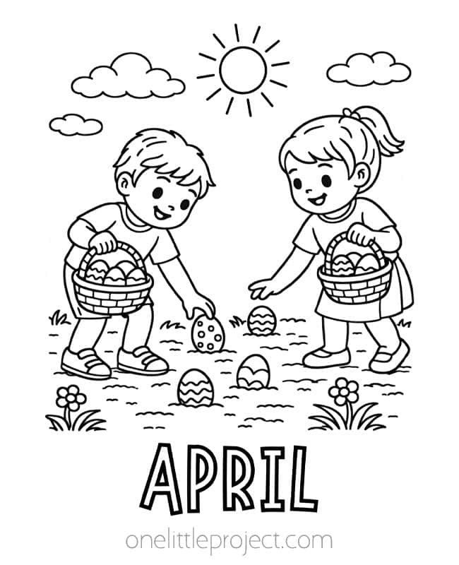 April Color Pages April Color Pages - kids on Easter egg hunt