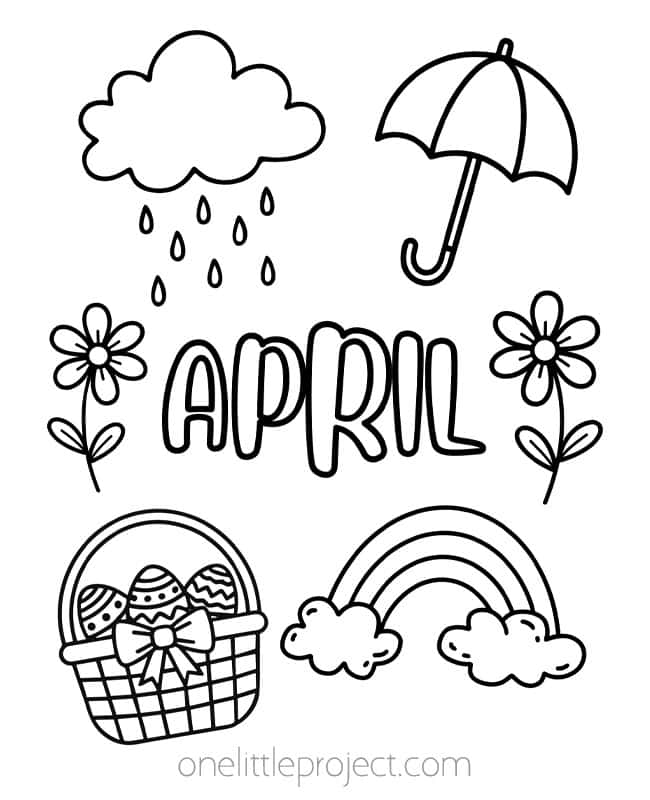 April Coloring Pages April Coloring Pages - spring symbols like a rainbow, flower, and Easter basket